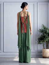 Green brocade silk indo-western suit with embellished top and dupatta
