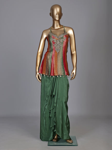 Green brocade silk indo-western suit with embellished top and dupatta