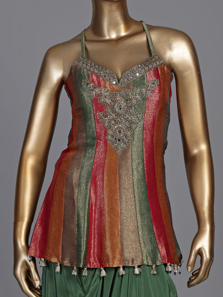 Green brocade silk indo-western suit with embellished top and dupatta