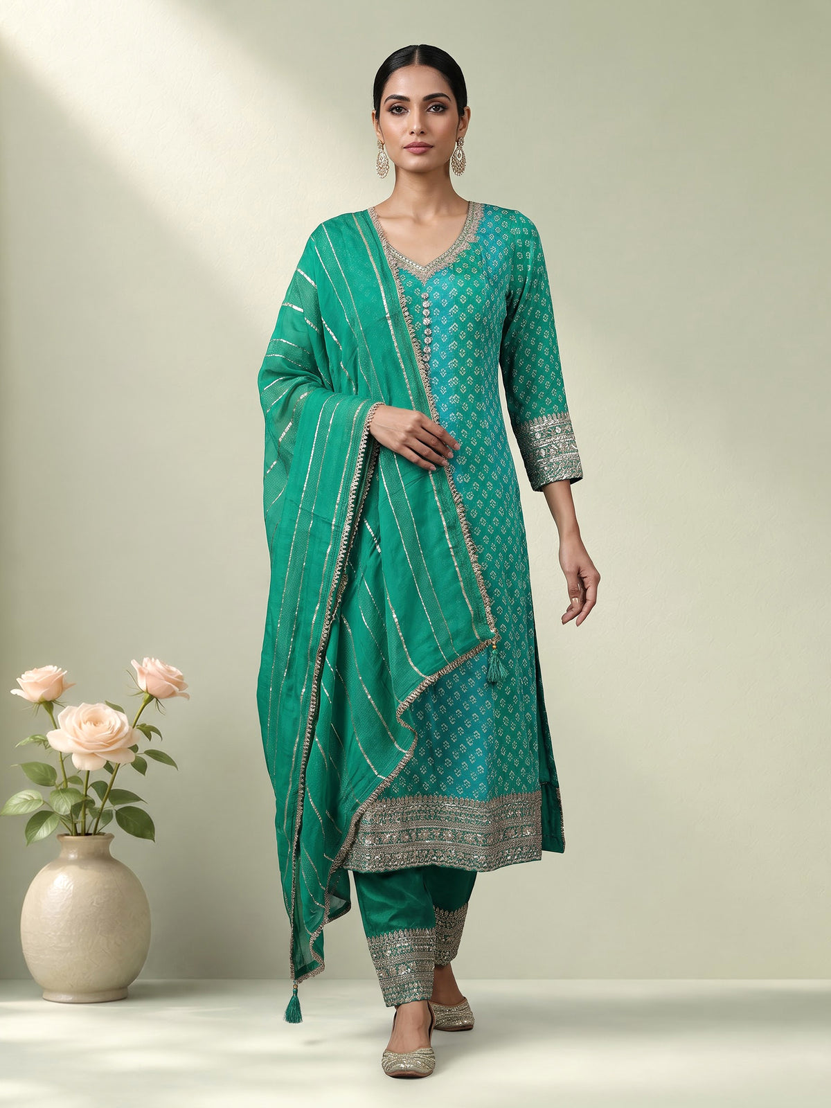 Green modal silk printed anarkali suit with diamond and zardosi work