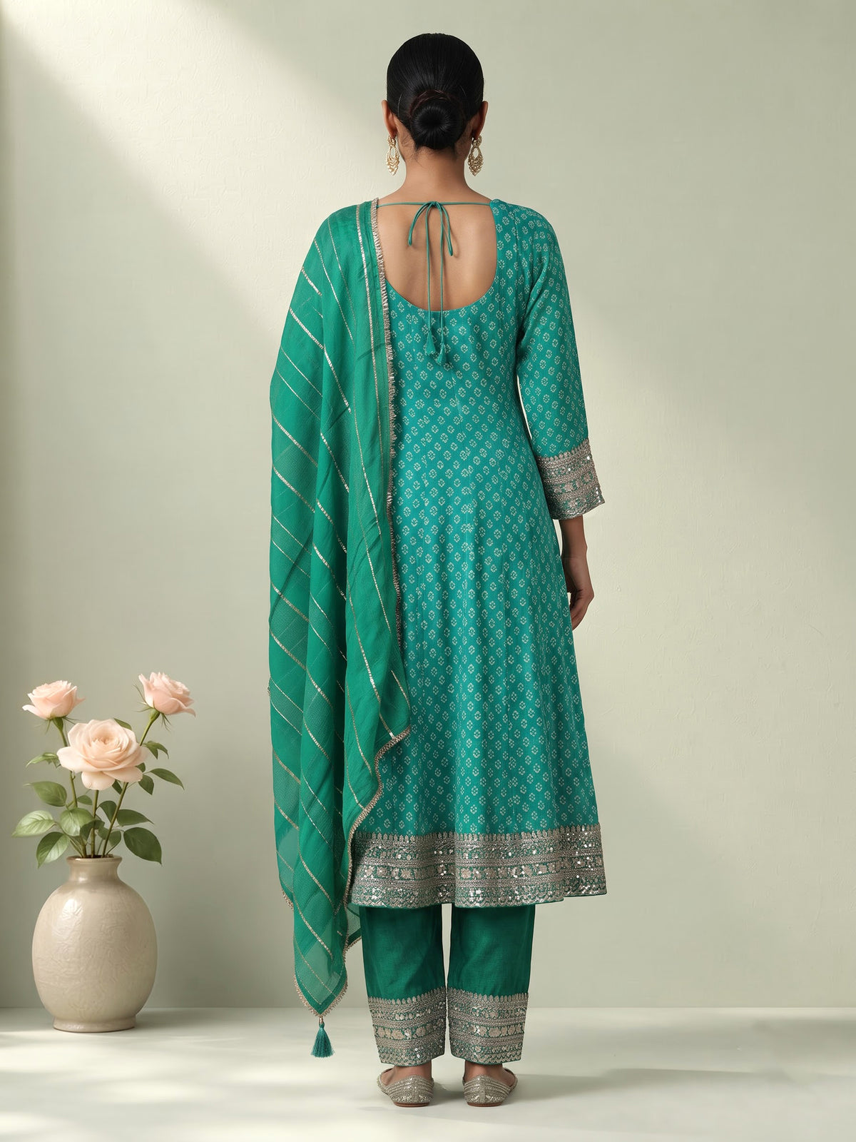 Green modal silk printed anarkali suit with diamond and zardosi work
