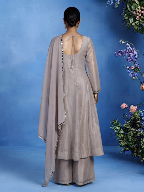 Pastel grey tissue silk anarkali suit with cutdana and zardosi work