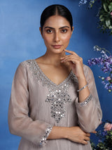 Pastel grey tissue silk anarkali suit with cutdana and zardosi work