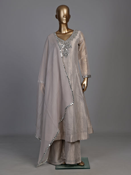 Pastel grey tissue silk anarkali suit with cutdana and zardosi work