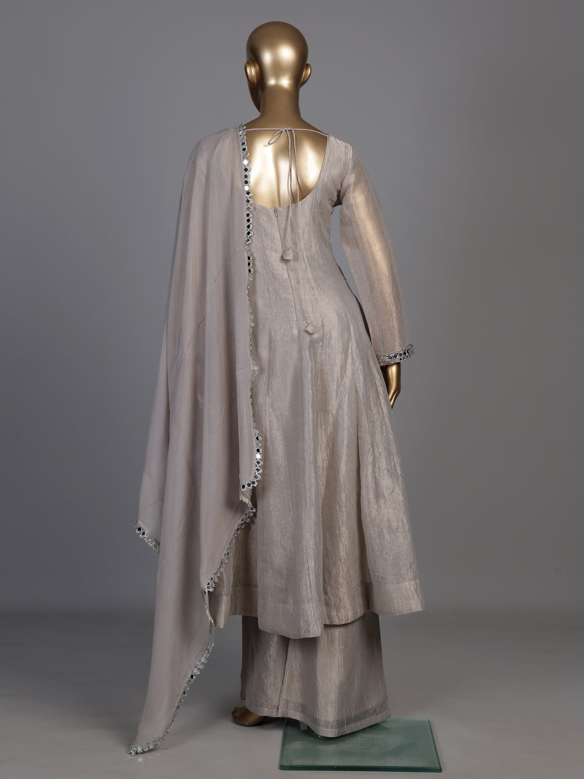 Pastel grey tissue silk anarkali suit with cutdana and zardosi work
