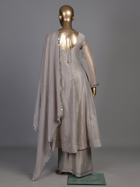 Pastel grey tissue silk anarkali suit with cutdana and zardosi work