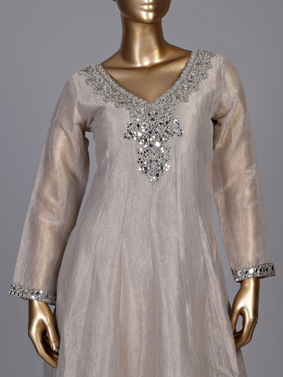 Pastel grey tissue silk anarkali suit with cutdana and zardosi work