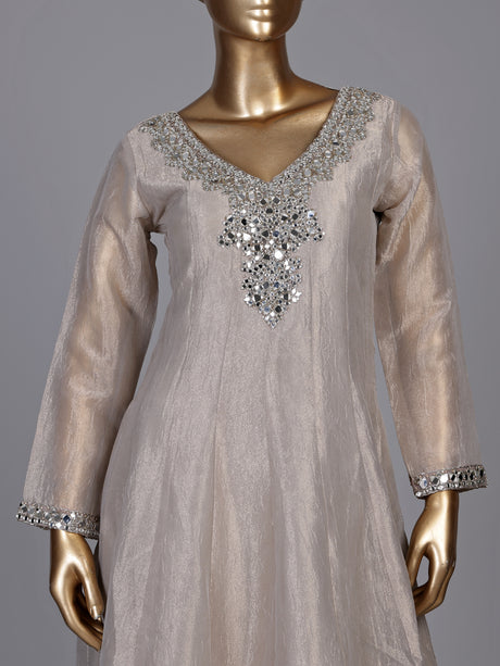 Pastel grey tissue silk anarkali suit with cutdana and zardosi work