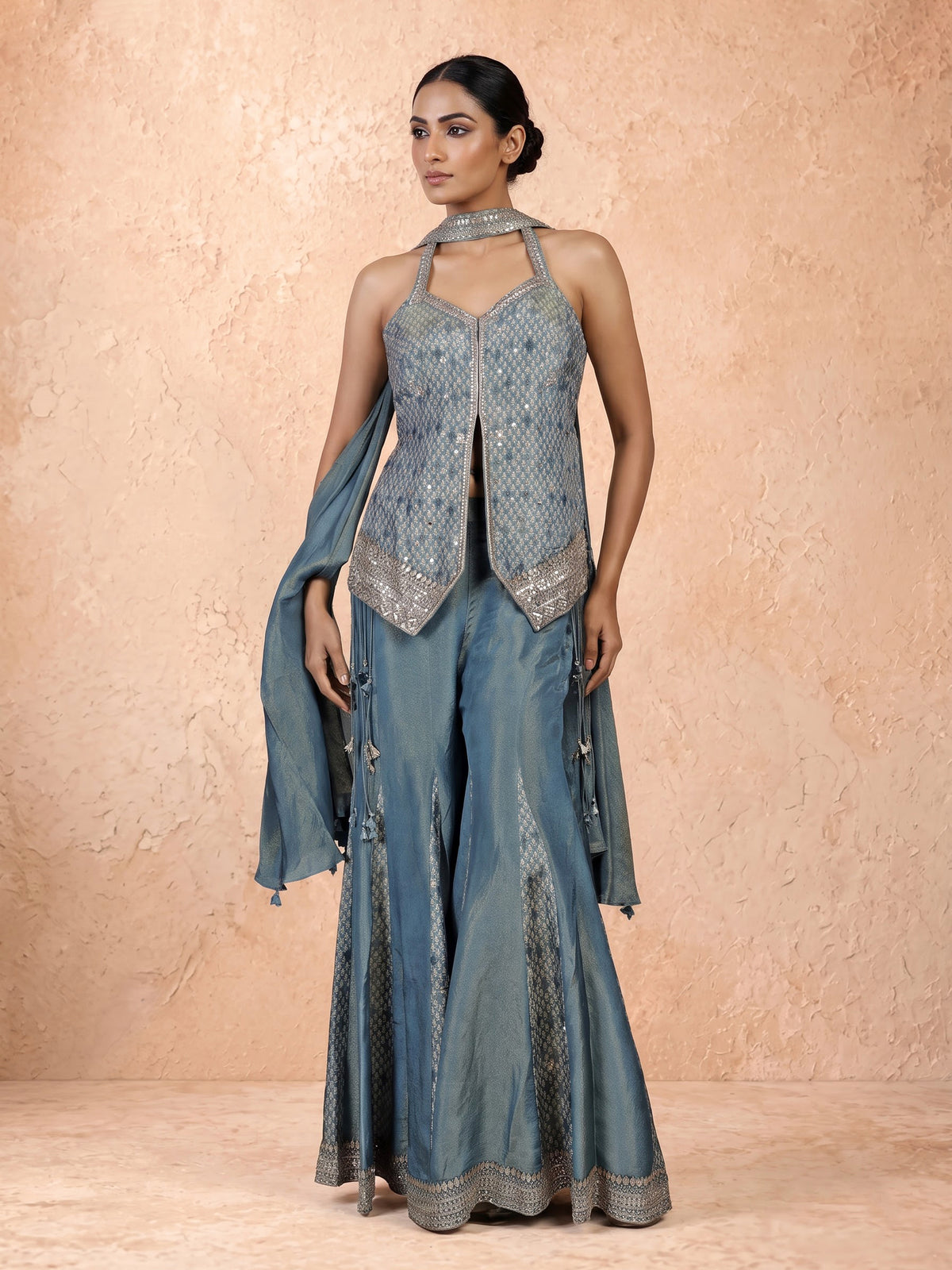 Pastel stone blue silk palazzo suit with mirror and zardosi work