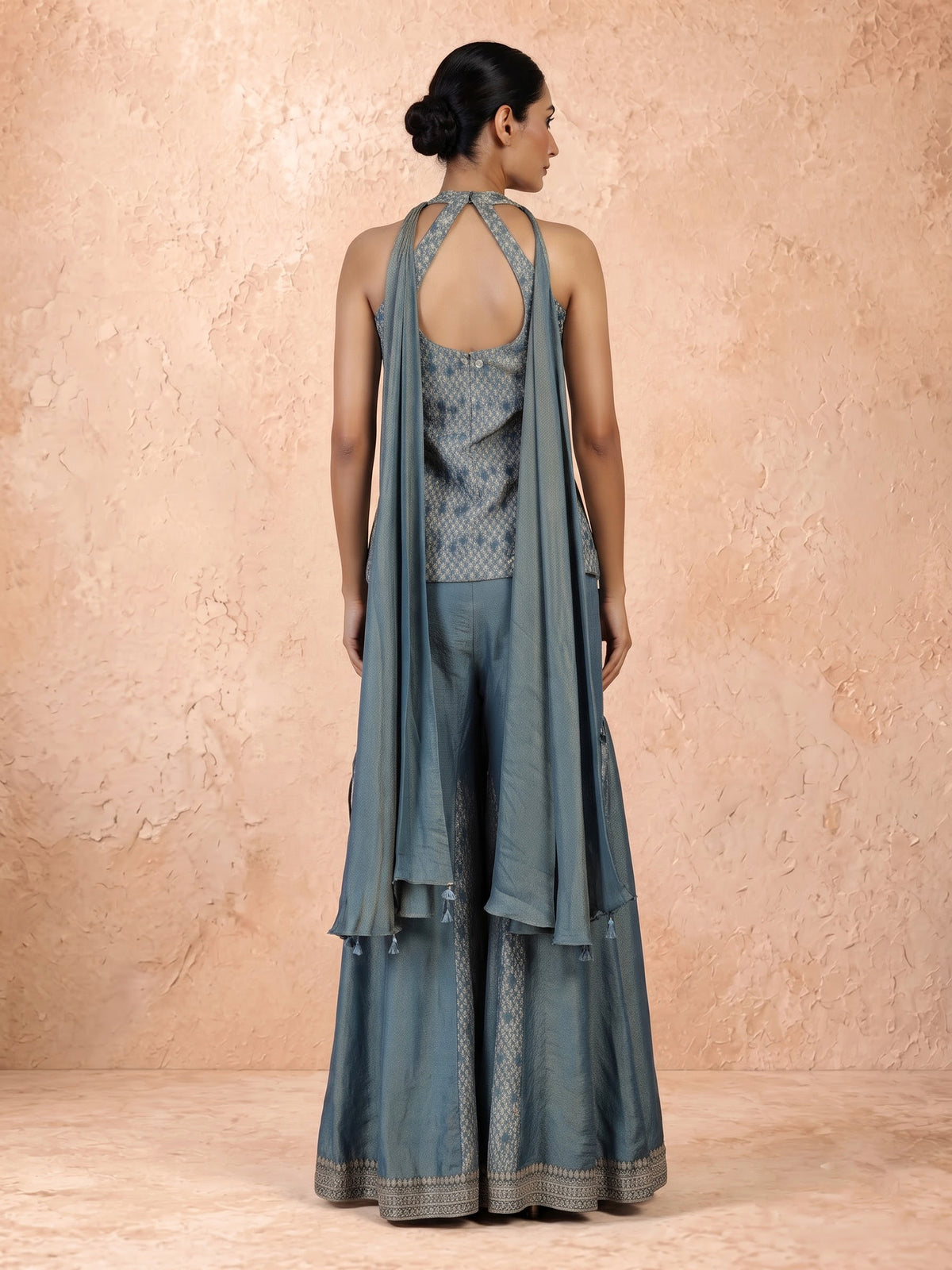 Pastel stone blue silk palazzo suit with mirror and zardosi work