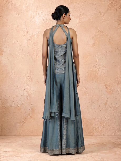Pastel stone blue silk palazzo suit with mirror and zardosi work