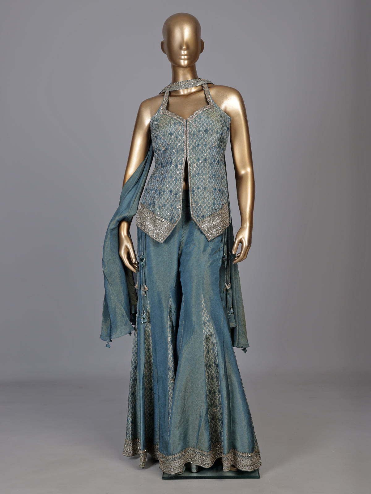 Pastel stone blue silk palazzo suit with mirror and zardosi work