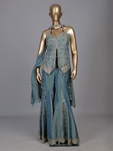 Pastel stone blue silk palazzo suit with mirror and zardosi work