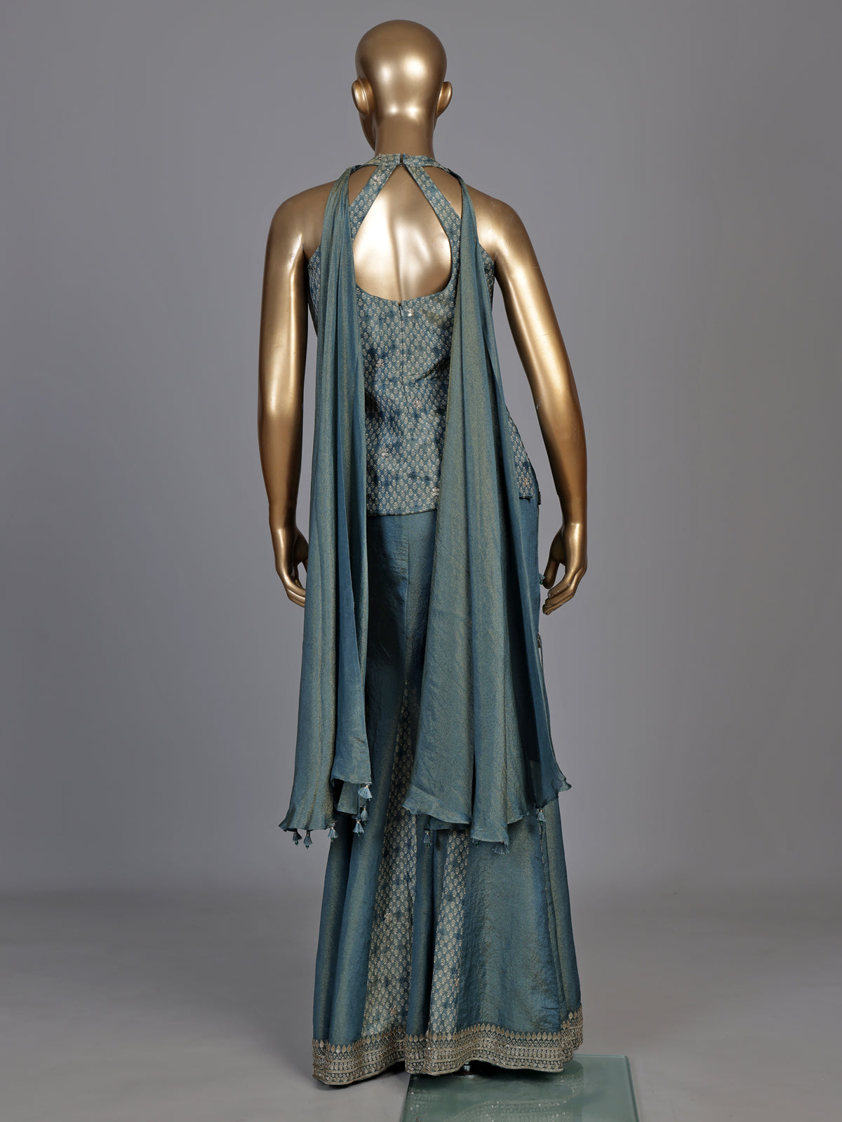 Pastel stone blue silk palazzo suit with mirror and zardosi work