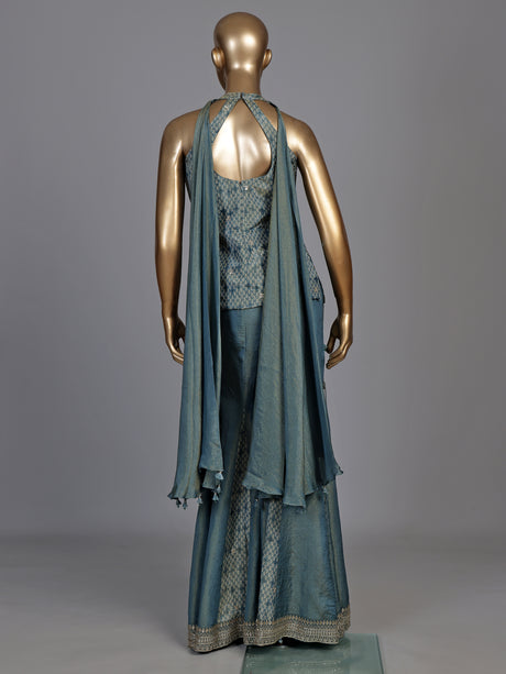 Pastel stone blue silk palazzo suit with mirror and zardosi work