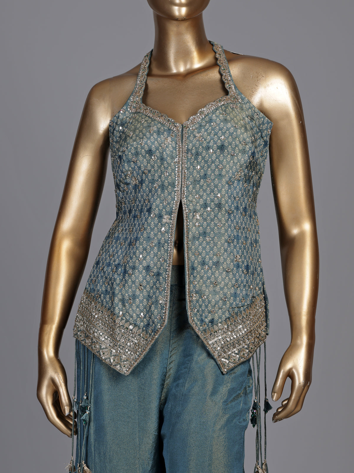 Pastel stone blue silk palazzo suit with mirror and zardosi work