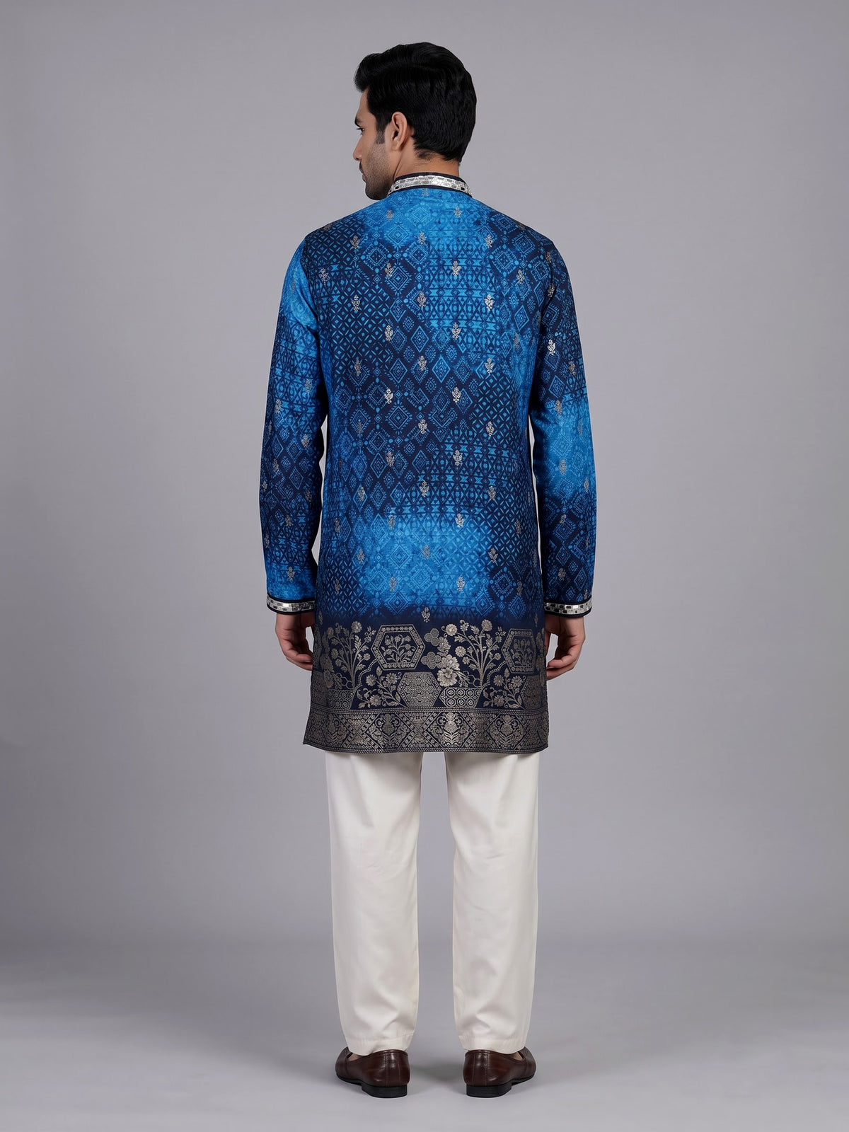 Royal blue bandhani kurta suit with zari embellished borders