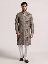 Ash grey silk kurta suit with palace inspired embroidery
