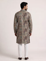 Ash grey silk kurta suit with palace inspired embroidery
