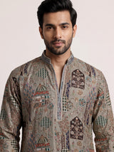 Ash grey silk kurta suit with palace inspired embroidery