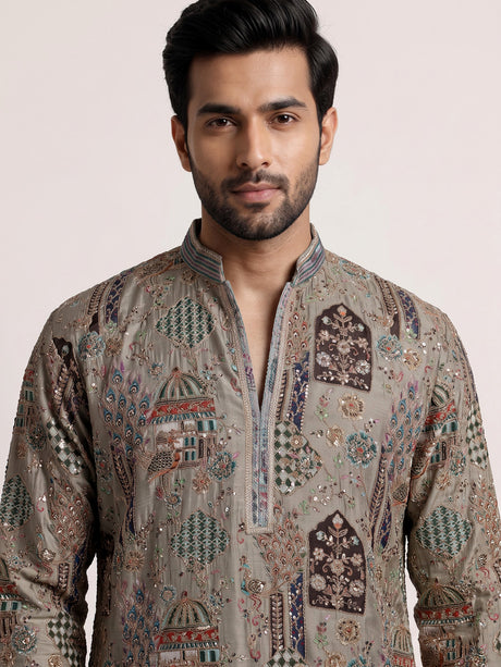 Ash grey silk kurta suit with palace inspired embroidery