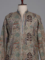 Ash grey silk kurta suit with palace inspired embroidery