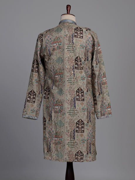 Ash grey silk kurta suit with palace inspired embroidery