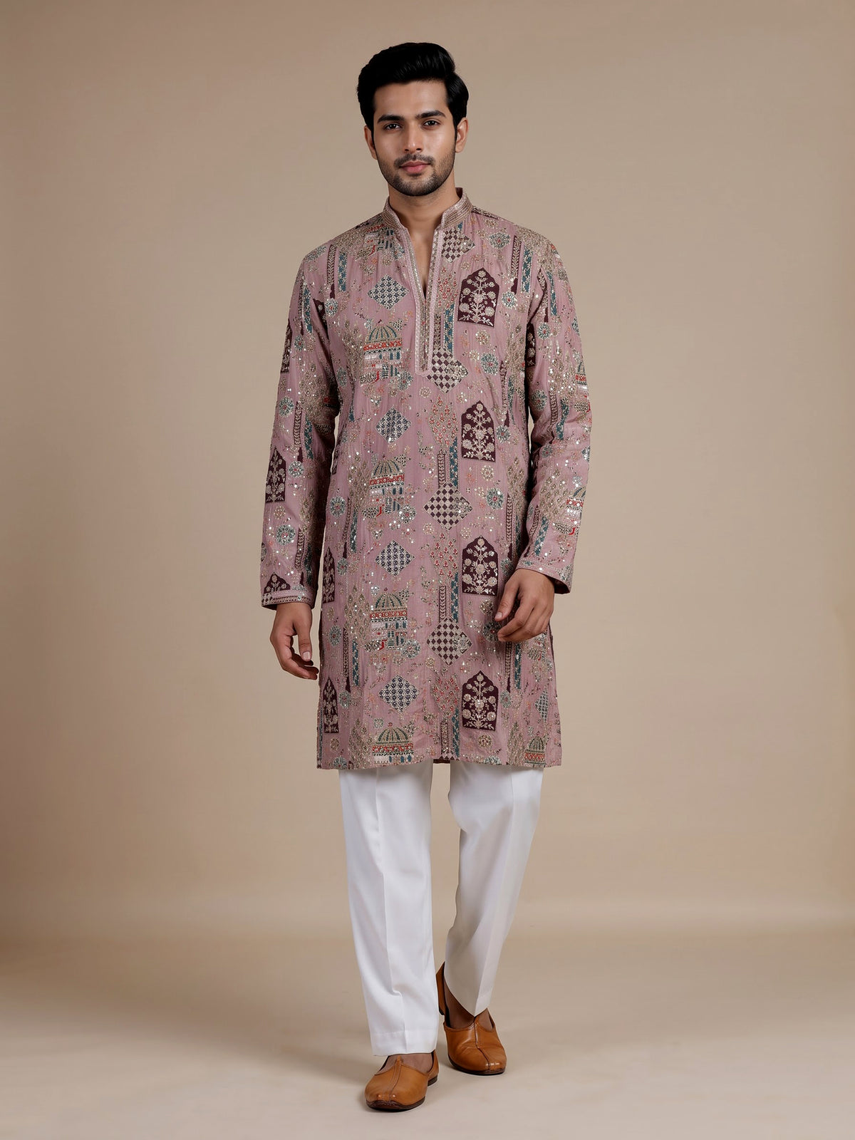 Rose pink silk kurta suit with mughal architectural thread work