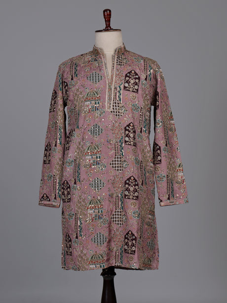 Rose pink silk kurta suit with mughal architectural thread work