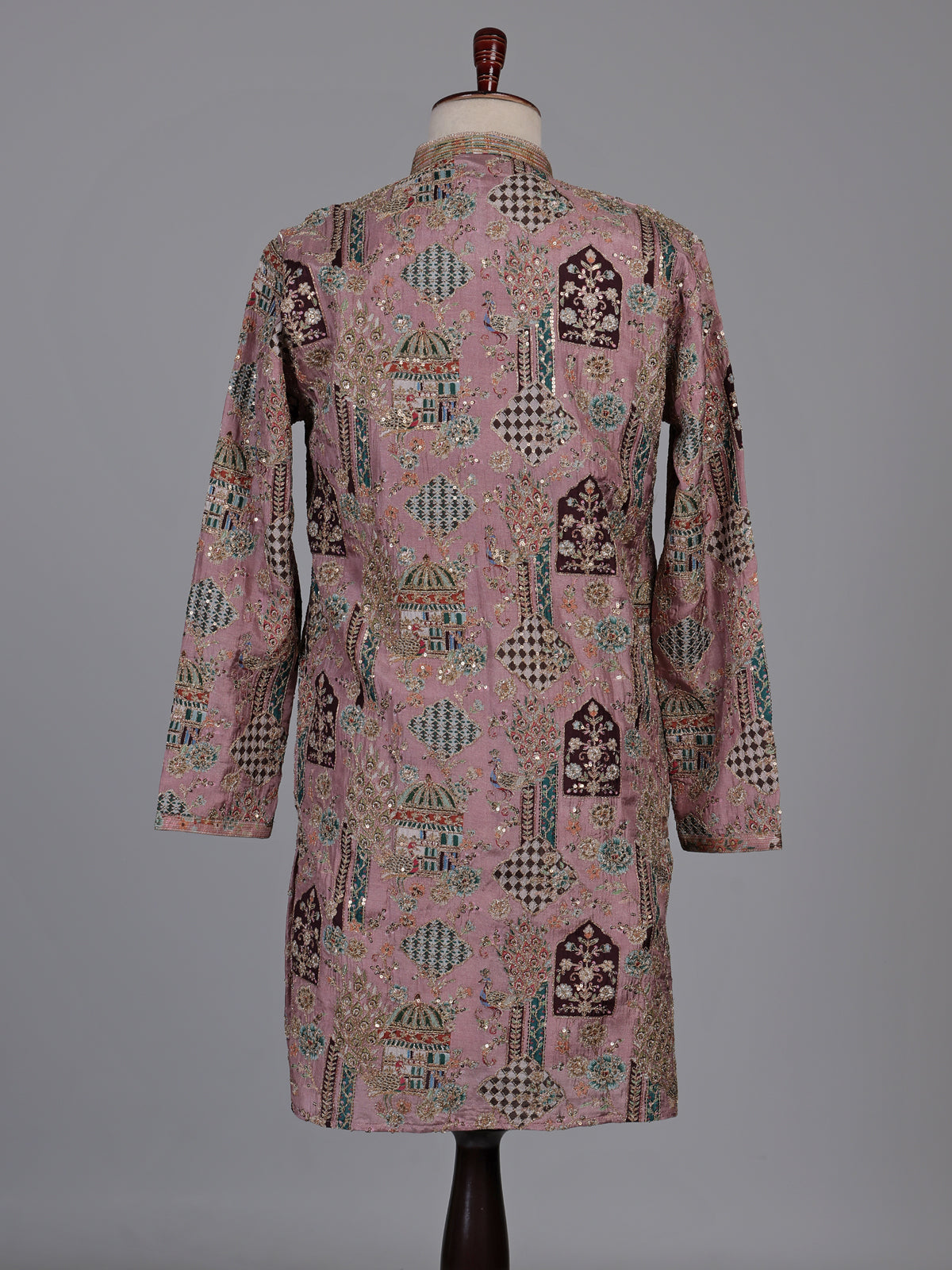 Rose pink silk kurta suit with mughal architectural thread work