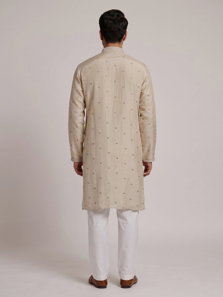 Pale cream dupion silk kurta suit with floral embroidery