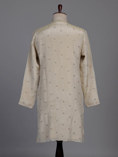 Pale cream dupion silk kurta suit with floral embroidery