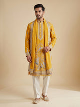 Mustard yellow georgette kurta suit with swan motif embellishments
