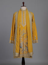 Mustard yellow georgette kurta suit with swan motif embellishments