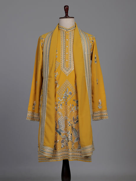 Mustard yellow georgette kurta suit with swan motif embellishments