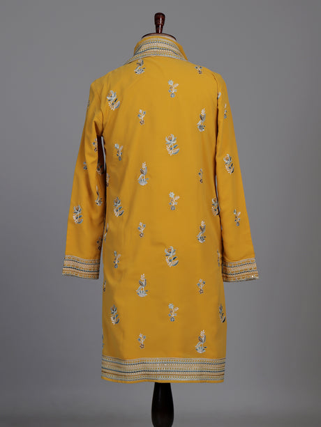 Mustard yellow georgette kurta suit with swan motif embellishments