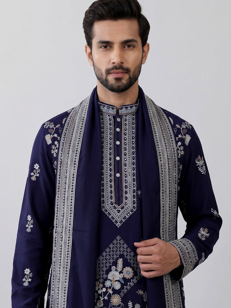 Navy georgette kurta suit with embroidered swan motifs