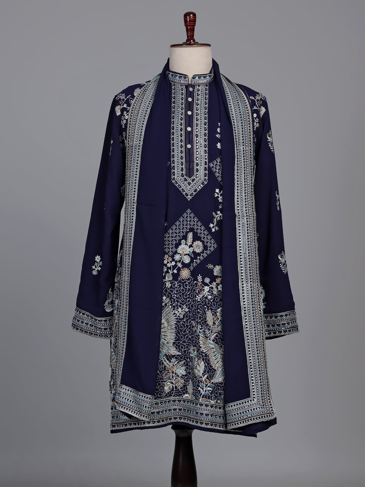 Navy georgette kurta suit with embroidered swan motifs