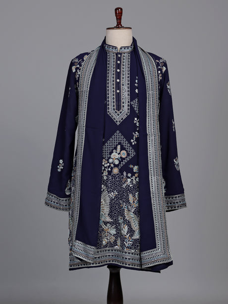 Navy georgette kurta suit with embroidered swan motifs