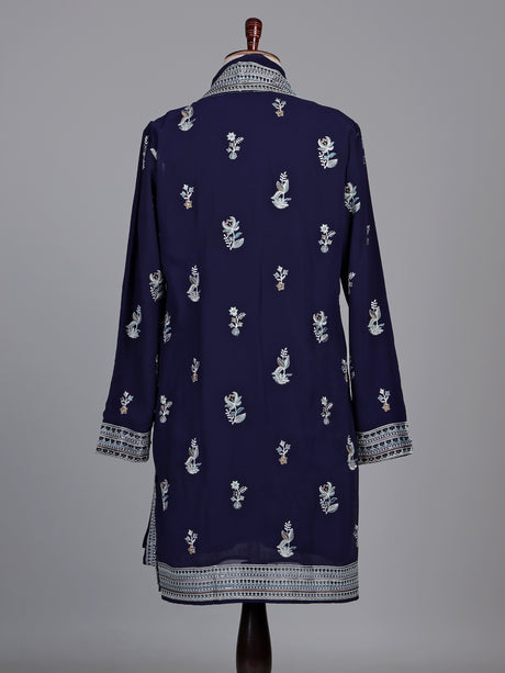 Navy georgette kurta suit with embroidered swan motifs