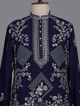 Navy georgette kurta suit with embroidered swan motifs