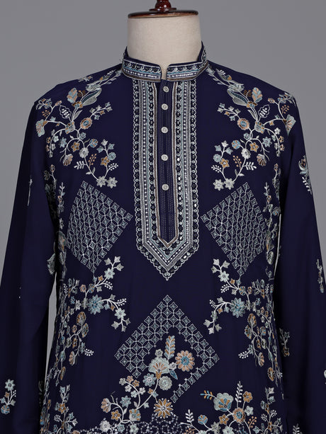 Navy georgette kurta suit with embroidered swan motifs