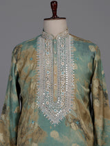 Sea green silk kurta suit with mirror work embroidered neckline
