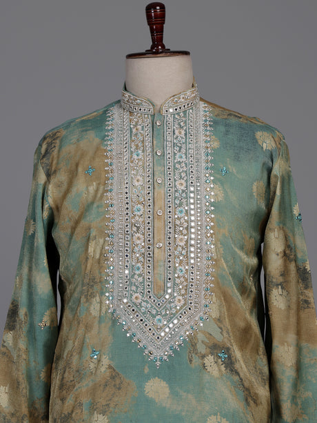 Sea green silk kurta suit with mirror work embroidered neckline