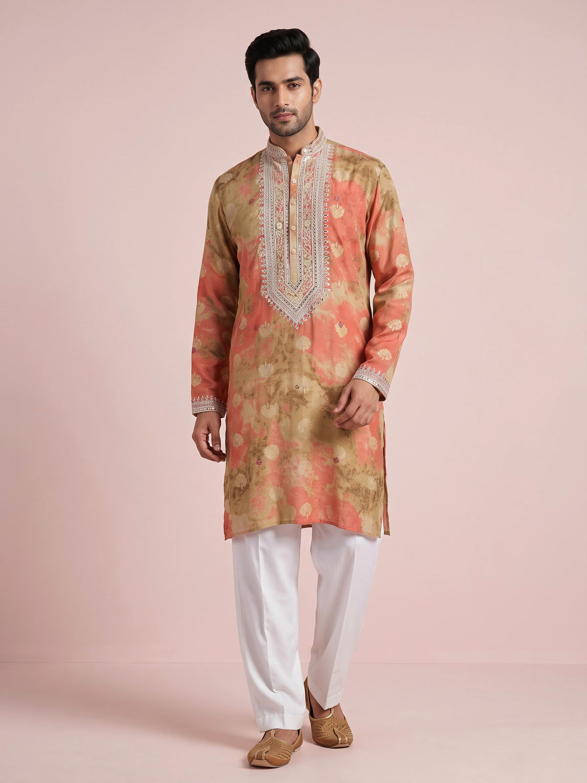 Coral peach ombre silk kurta suit with mirror detailing