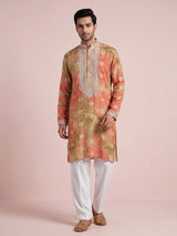 Coral peach ombre silk kurta suit with mirror detailing