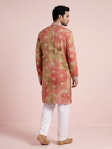 Coral peach ombre silk kurta suit with mirror detailing