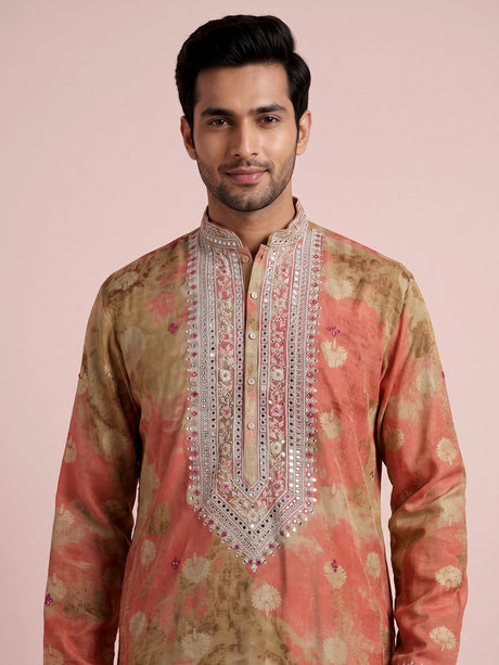 Coral peach ombre silk kurta suit with mirror detailing