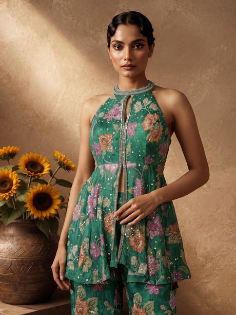 Green organza silk floral suit with mirror work palazzo