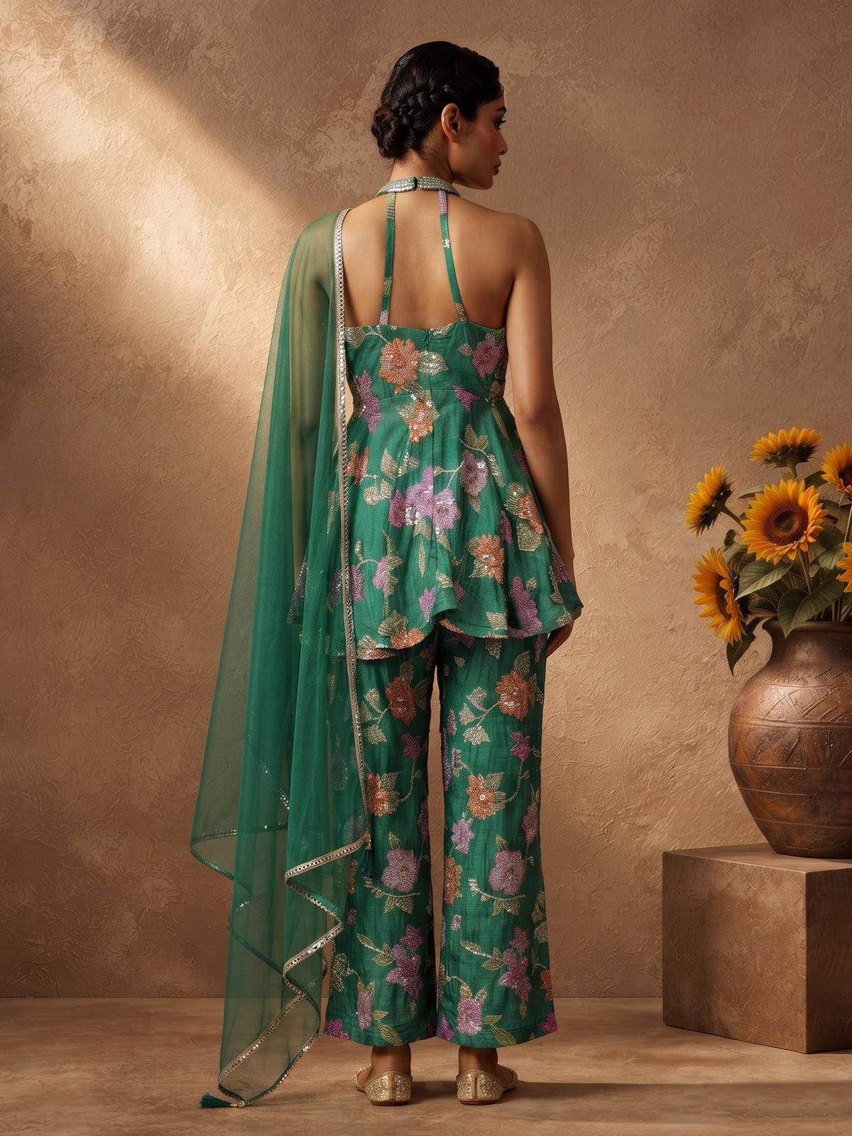 Green organza silk floral suit with mirror work palazzo